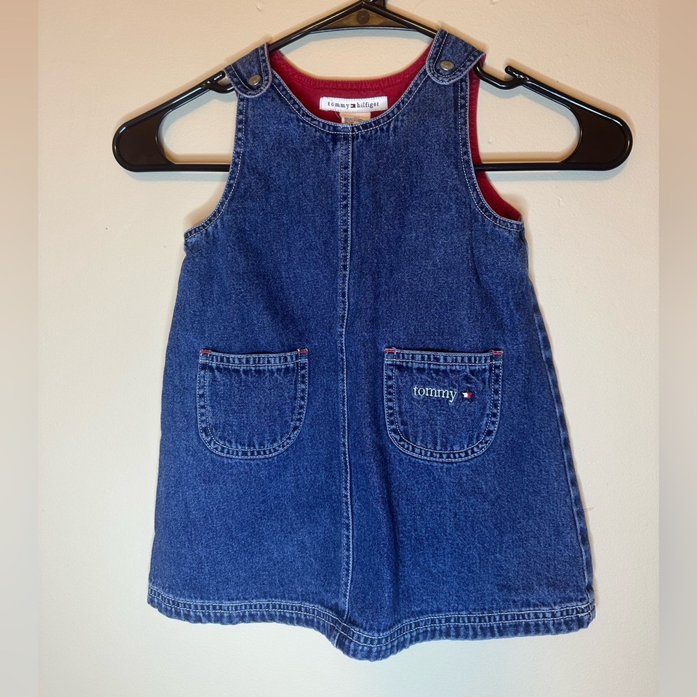 Vintage Tommy Hilfiger Blue Denim Kids Dress with Red Accents Overall Dress